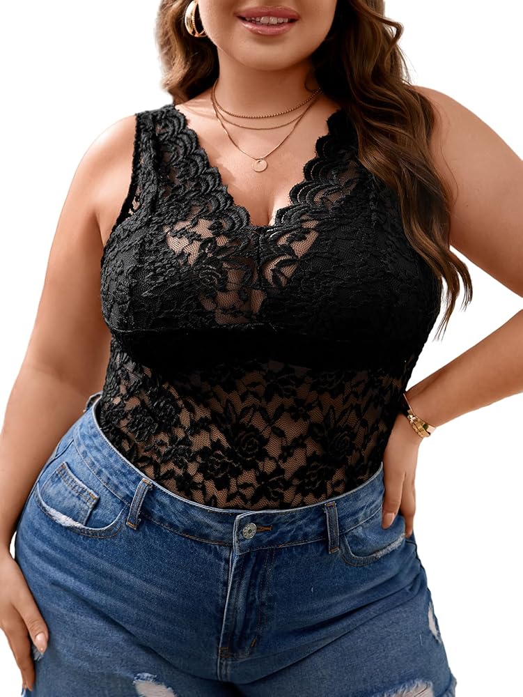SOLY HUX Women's Plus Size Floral Lace Sheer V Neck